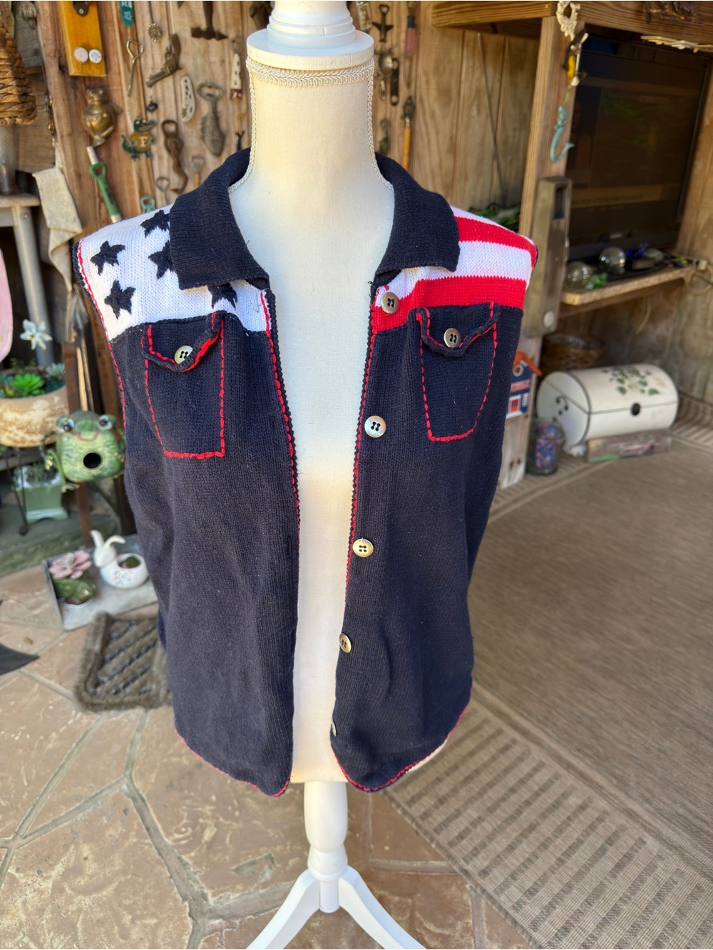 Vintage 1995 DBL American Flag‎ Sweater Vest Large Patriotic Knit Button Up